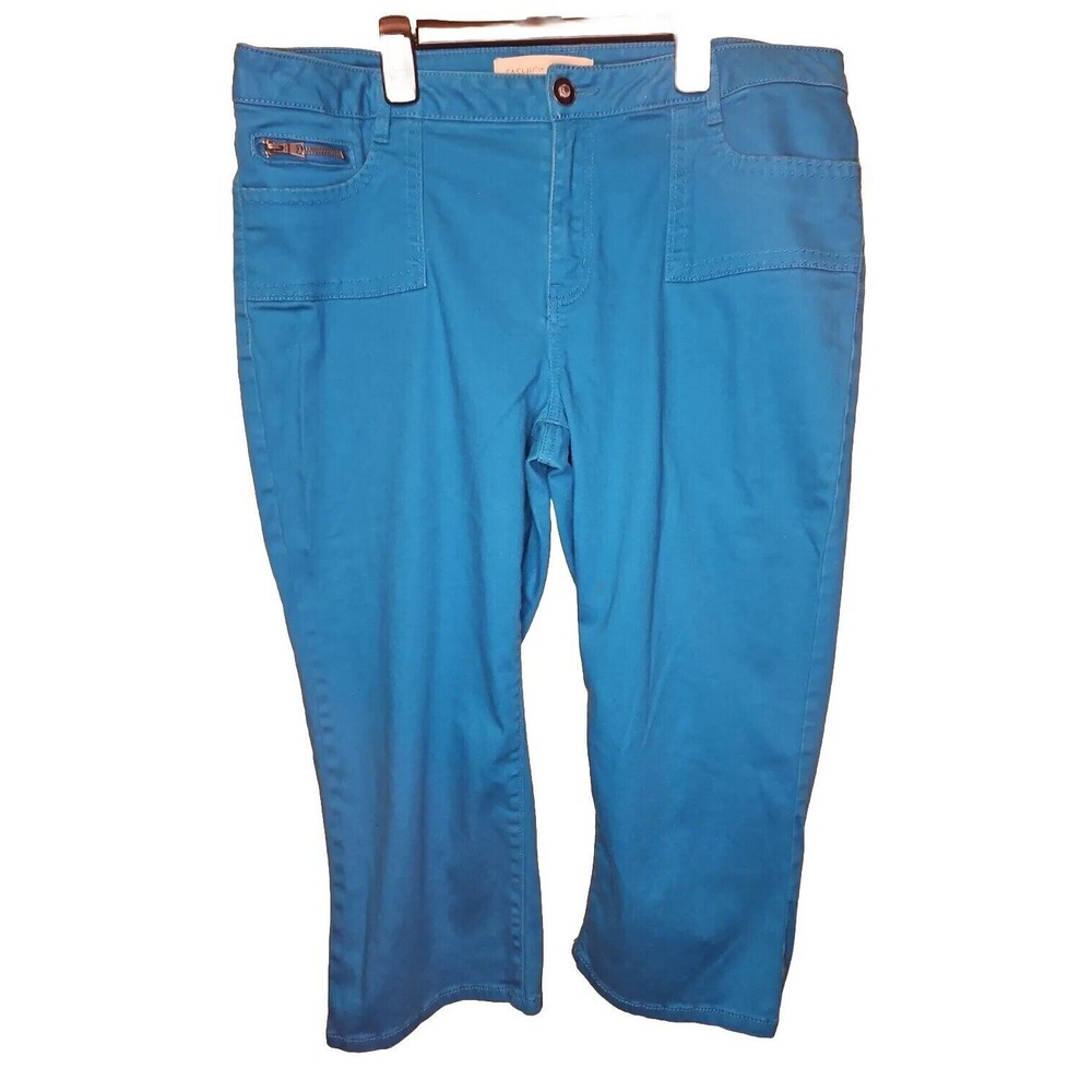 Fashion Bug Teal Turquoise Cropped Capri Pants Womens Size 14 Zipper Pocket